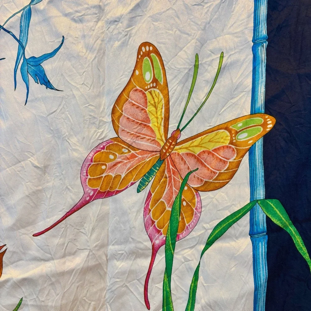 CHRISTIAN DIOR Vintage 34” 100% Silk “Floral & Butterfly” Botanical Square Scarf